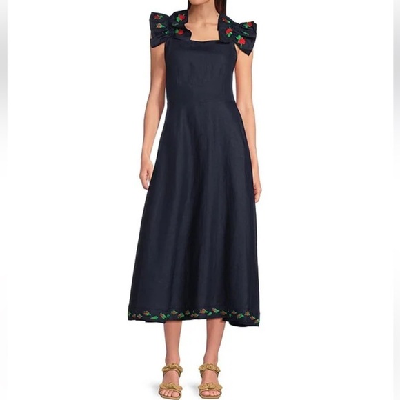 Fanm Mon Navy Midi Dress with Floral Accents - Picture 3 of 13